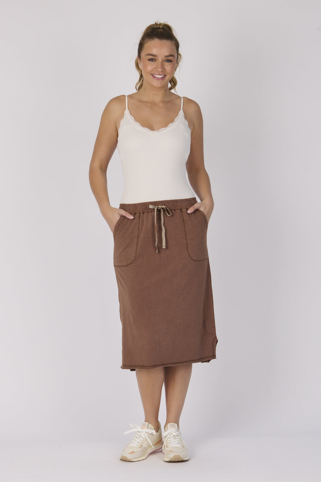 Curved Hem Midi Skirt - Cocoa Brown
