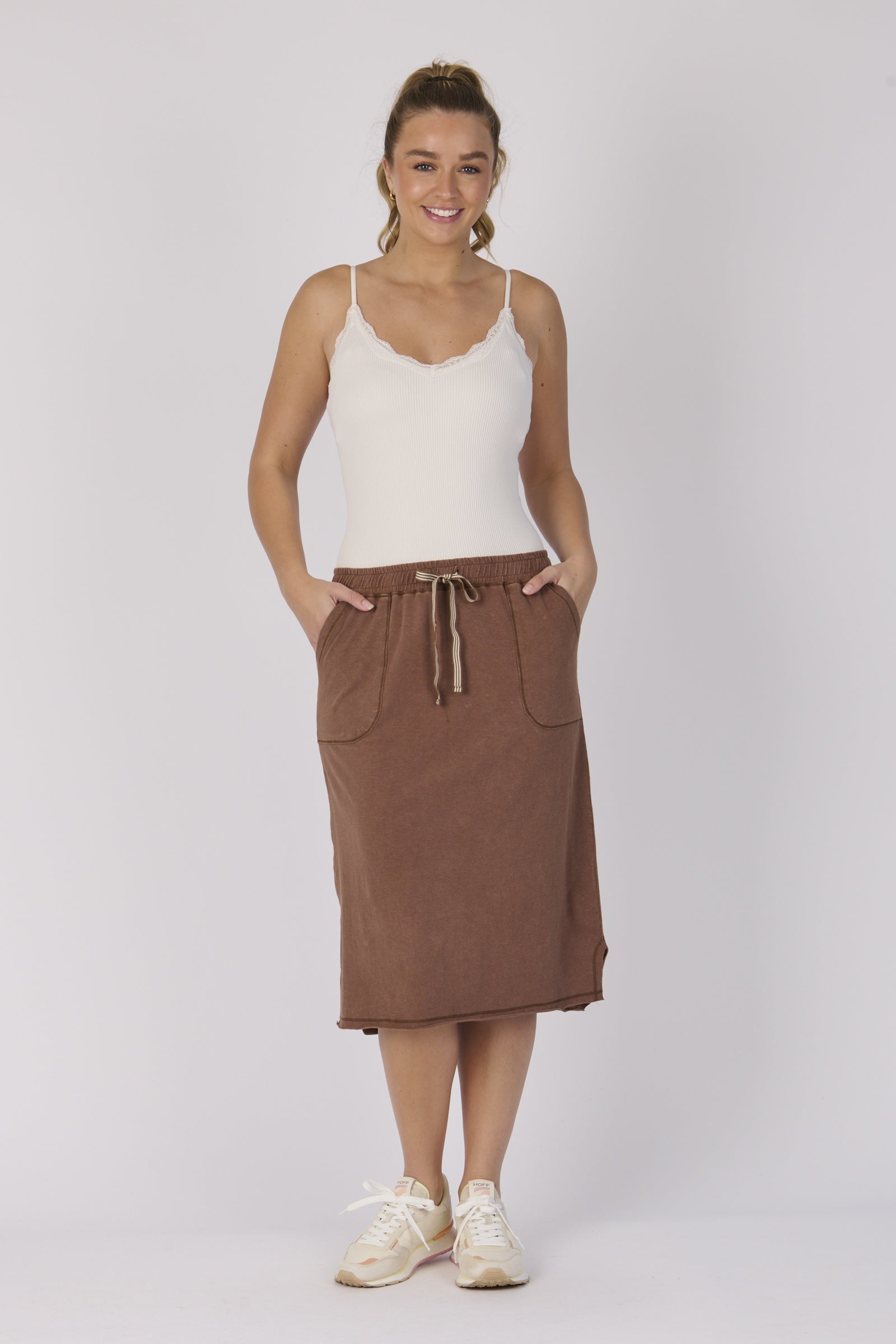 Curved Hem Midi Skirt - Cocoa Brown