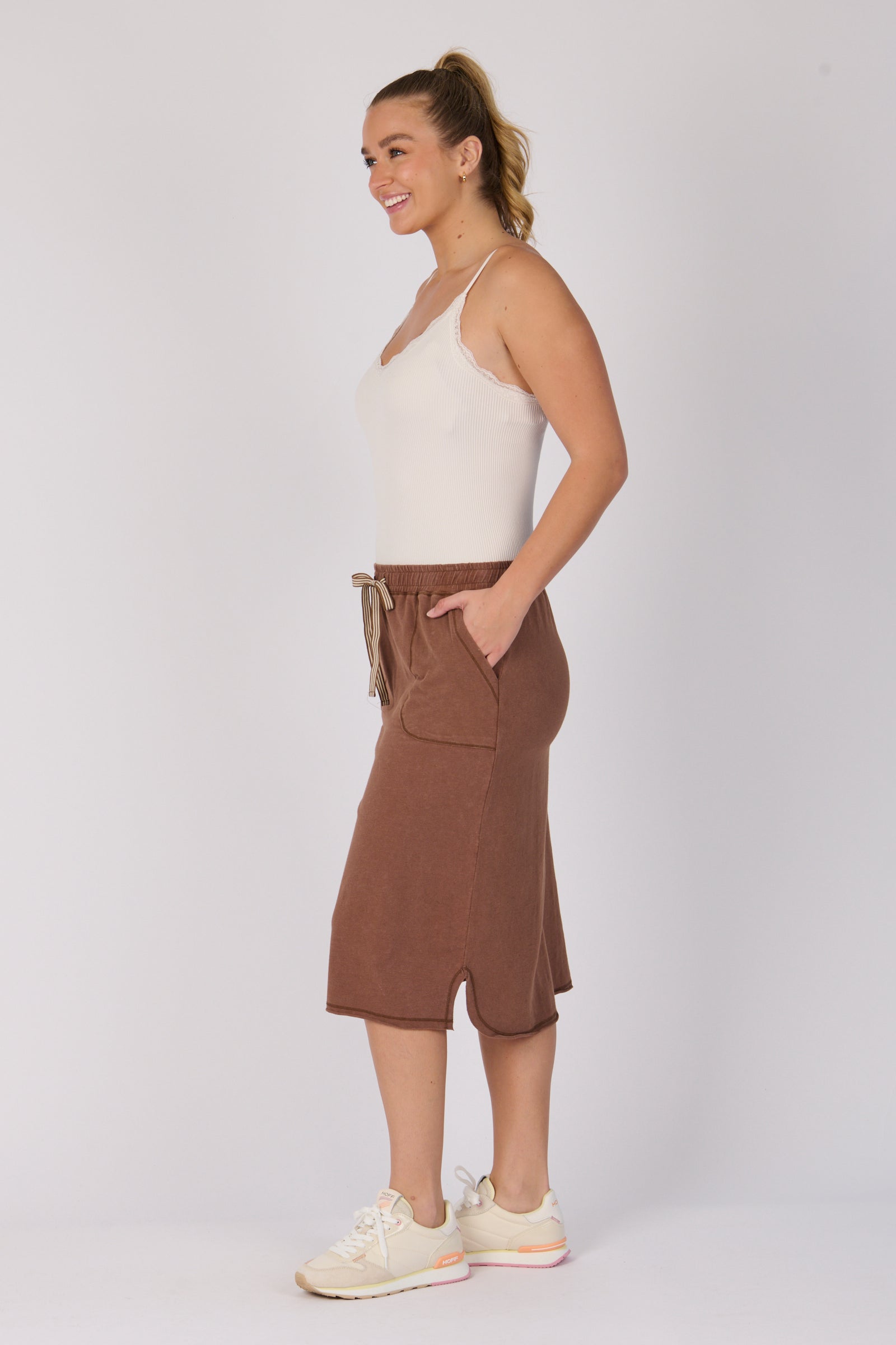Curved Hem Midi Skirt - Cocoa Brown