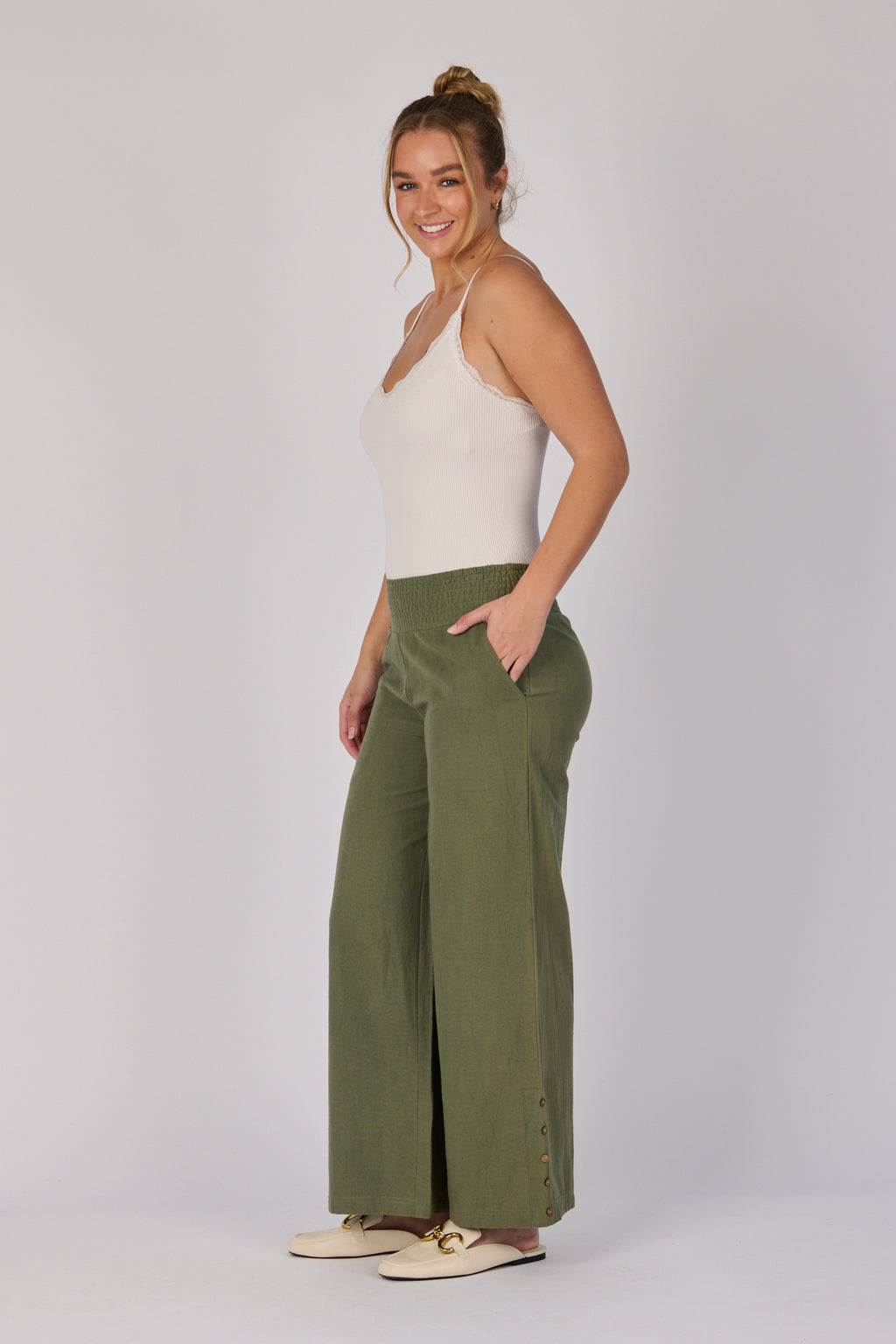 Shirred Waist Pant - Khaki