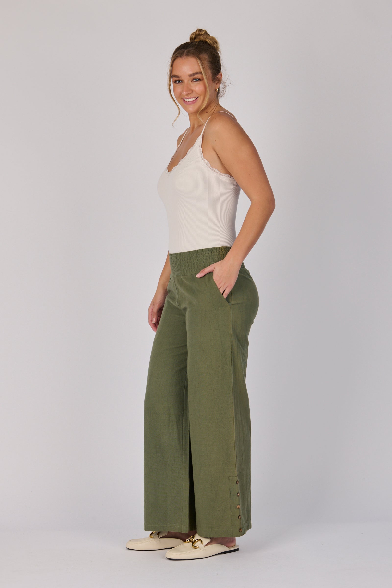 Shirred Waist Pant - Khaki