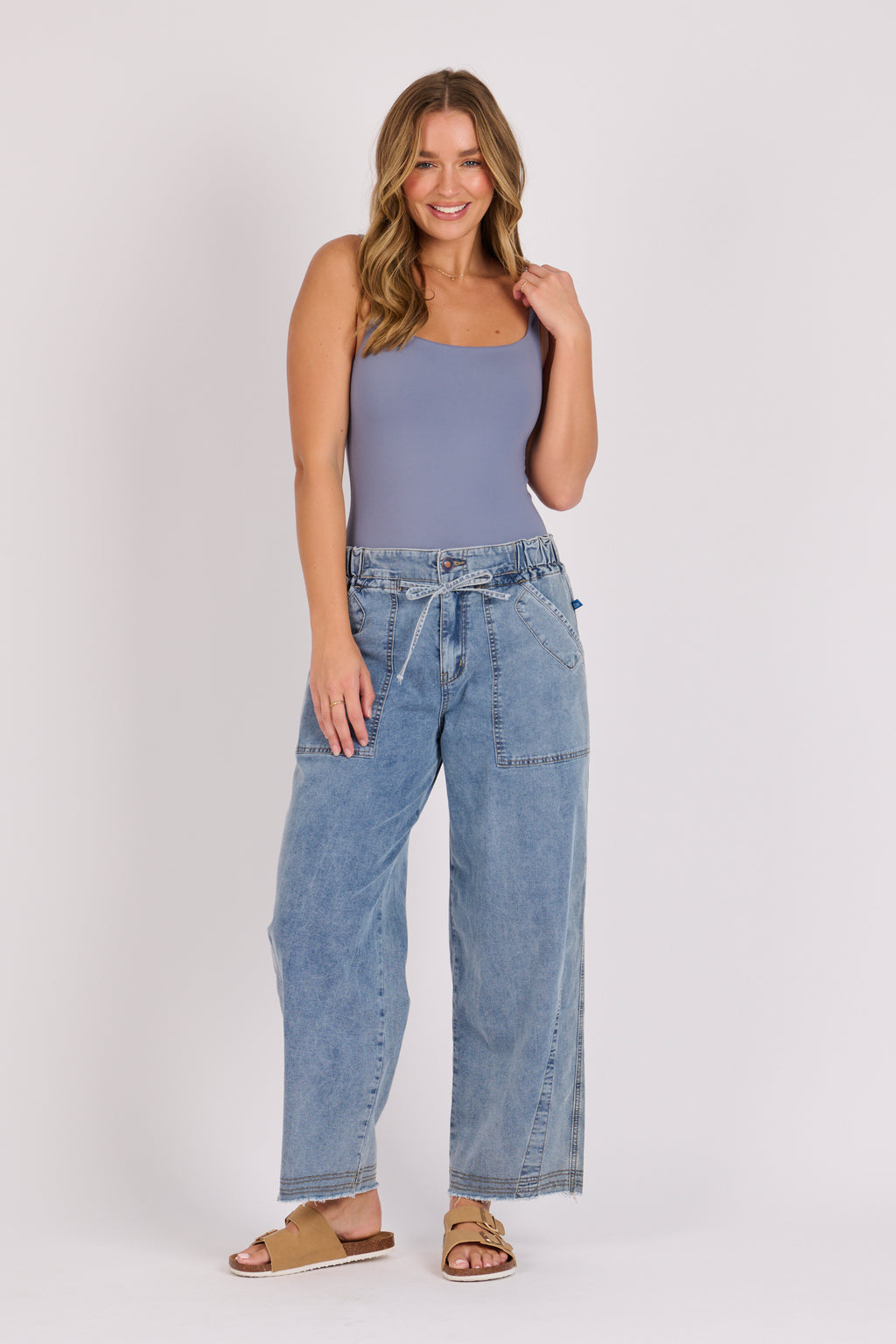 Tie Waist Baggy Jeans-Mid Blue