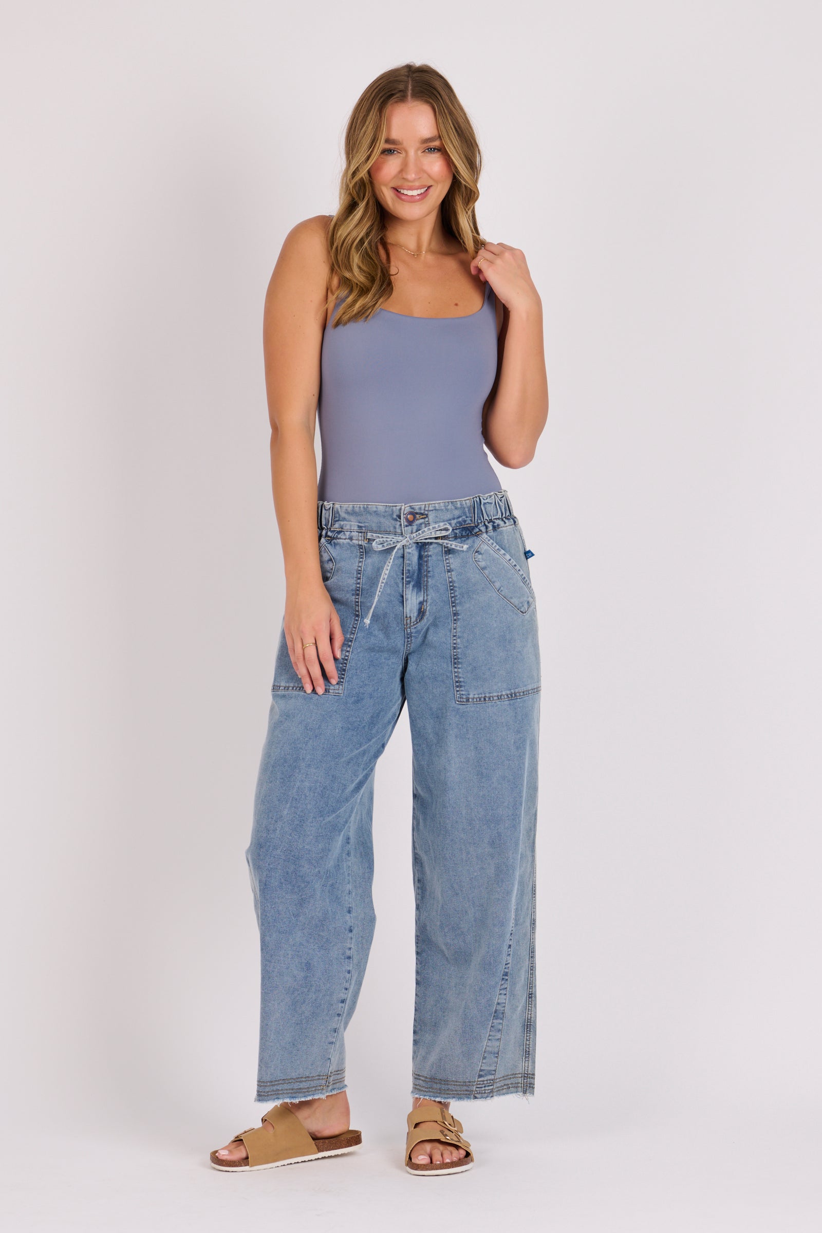 Tie Waist Baggy Jeans-Mid Blue