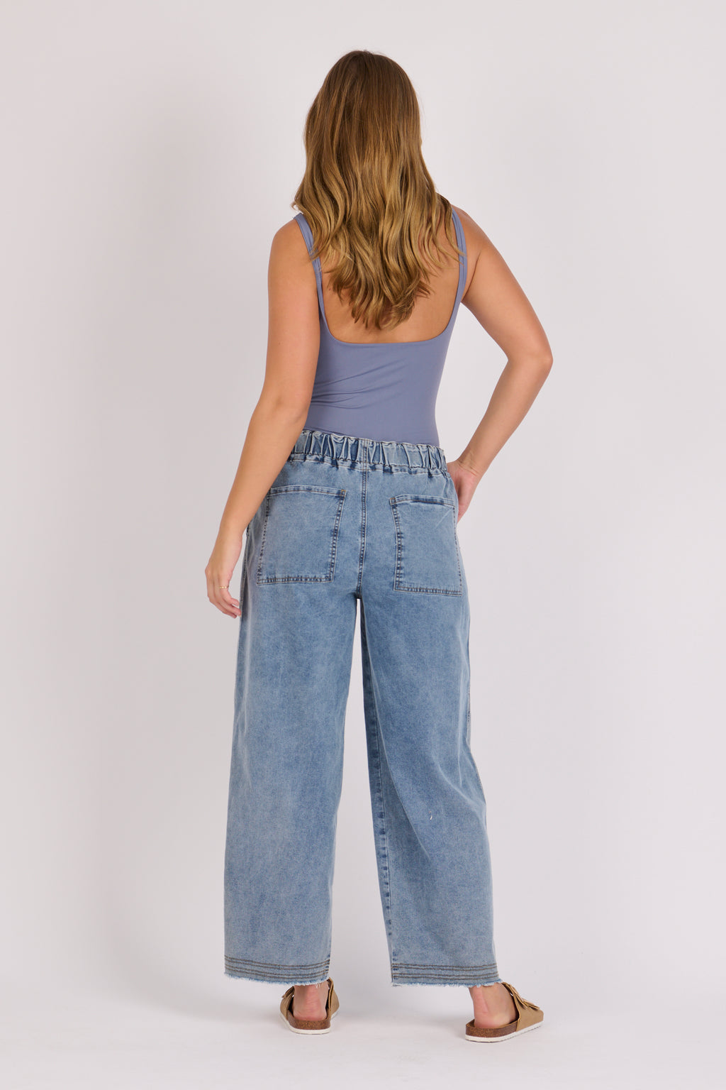 Tie Waist Baggy Jeans-Mid Blue