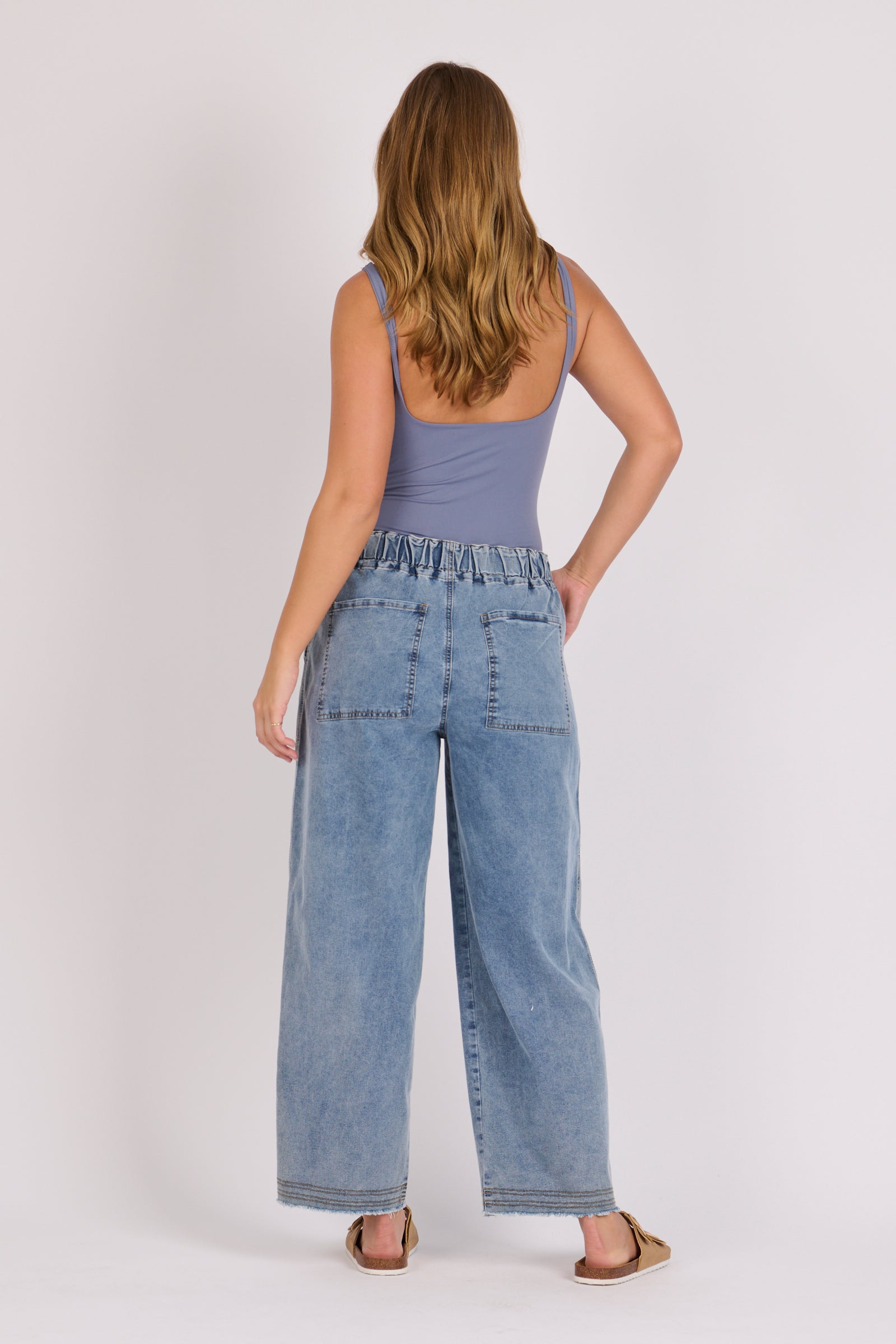 Tie Waist Baggy Jeans-Mid Blue