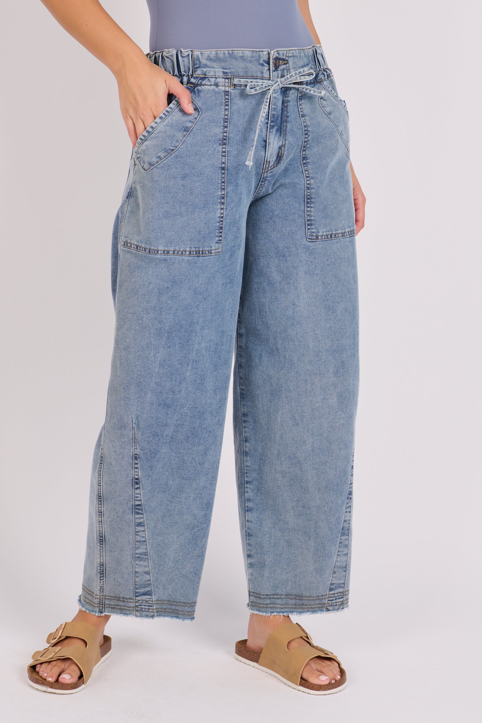 Tie Waist Baggy Jeans-Mid Blue