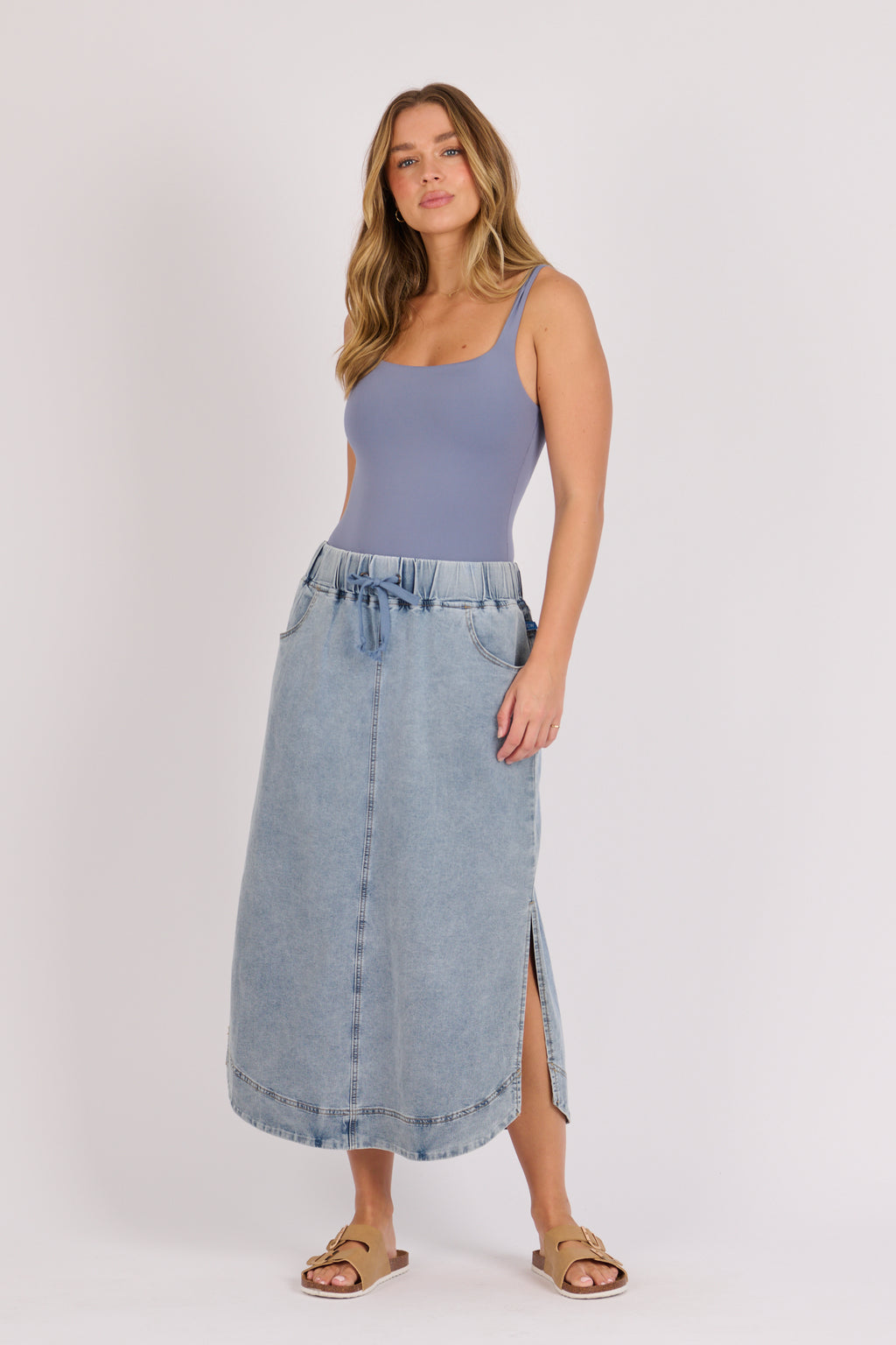 Relaxed Tie Front Skirt-Mid Blue
