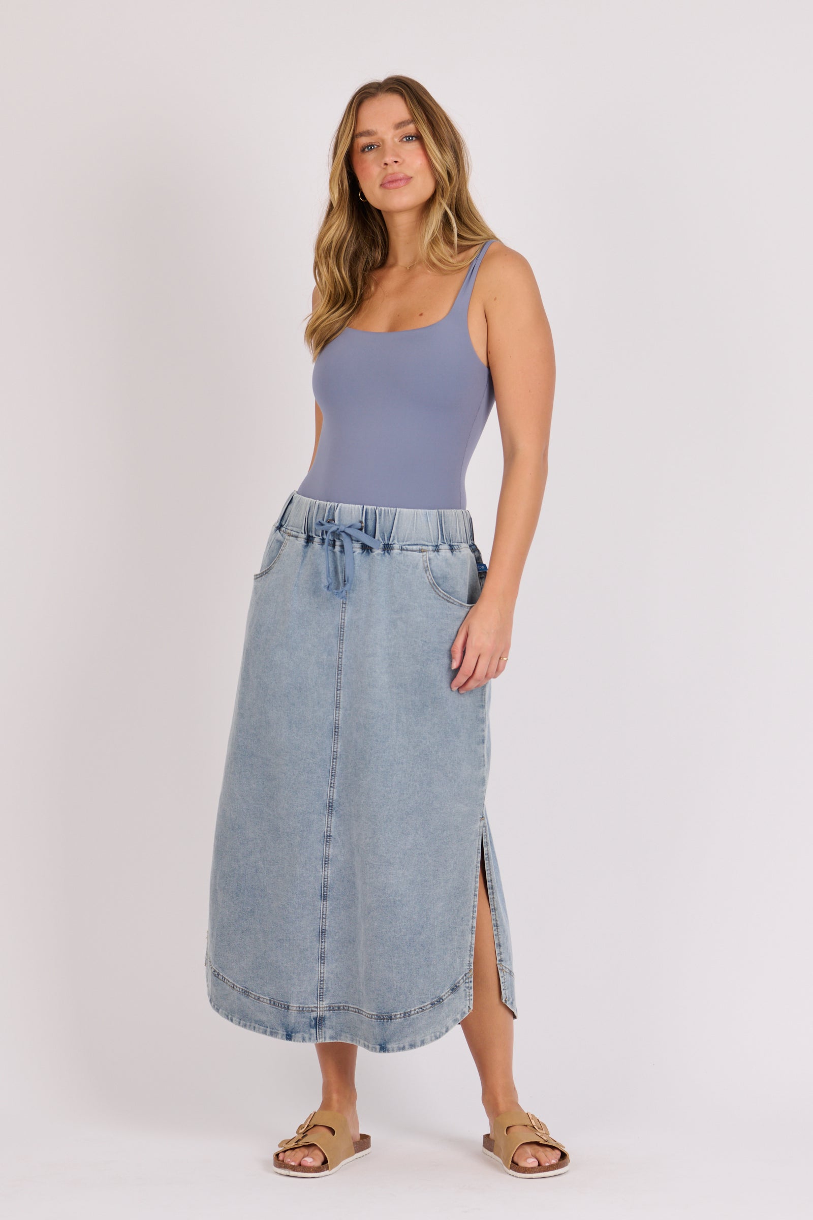 Relaxed Tie Front Skirt-Mid Blue