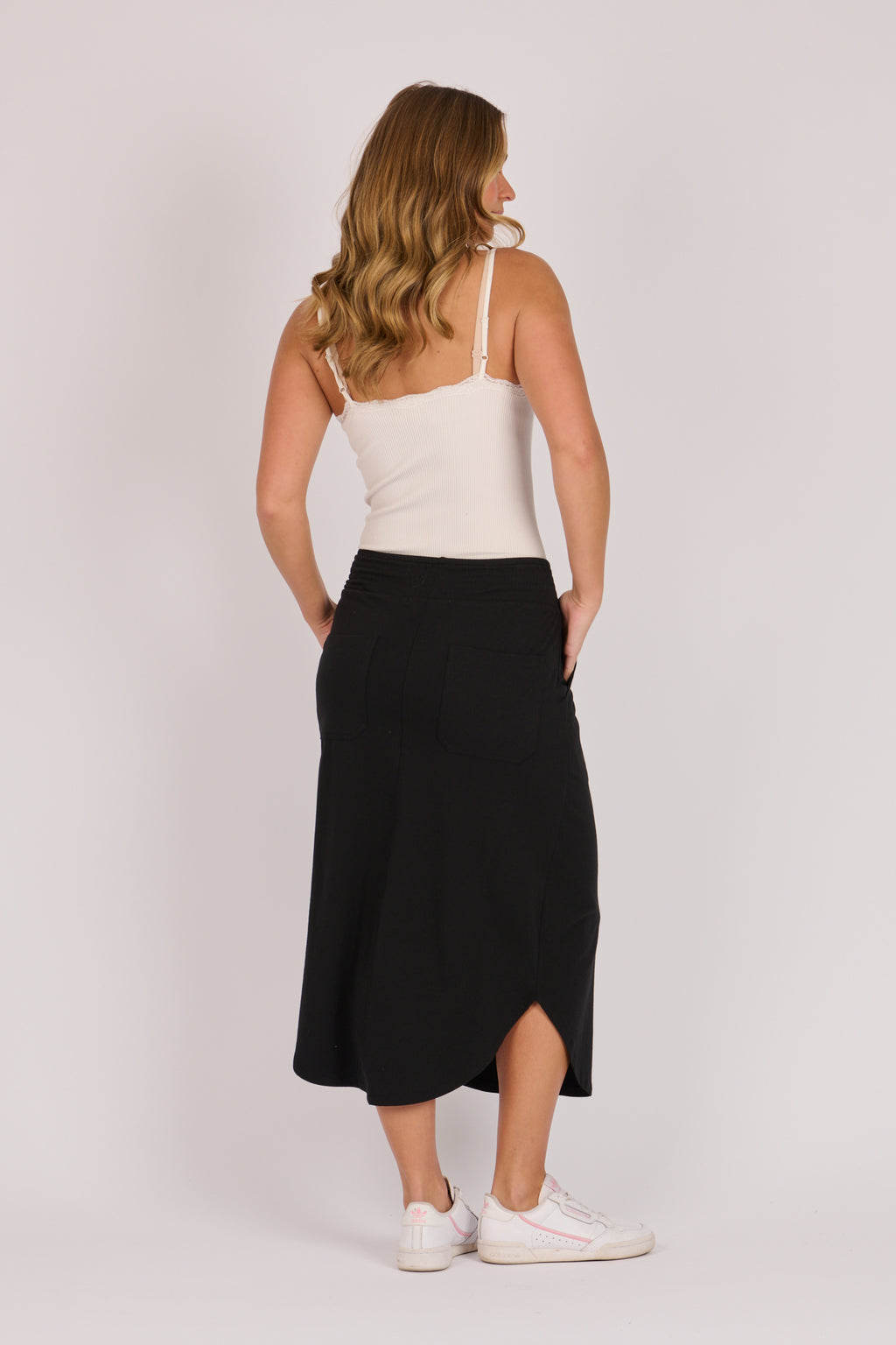 Shirred Waist Midi Skirt