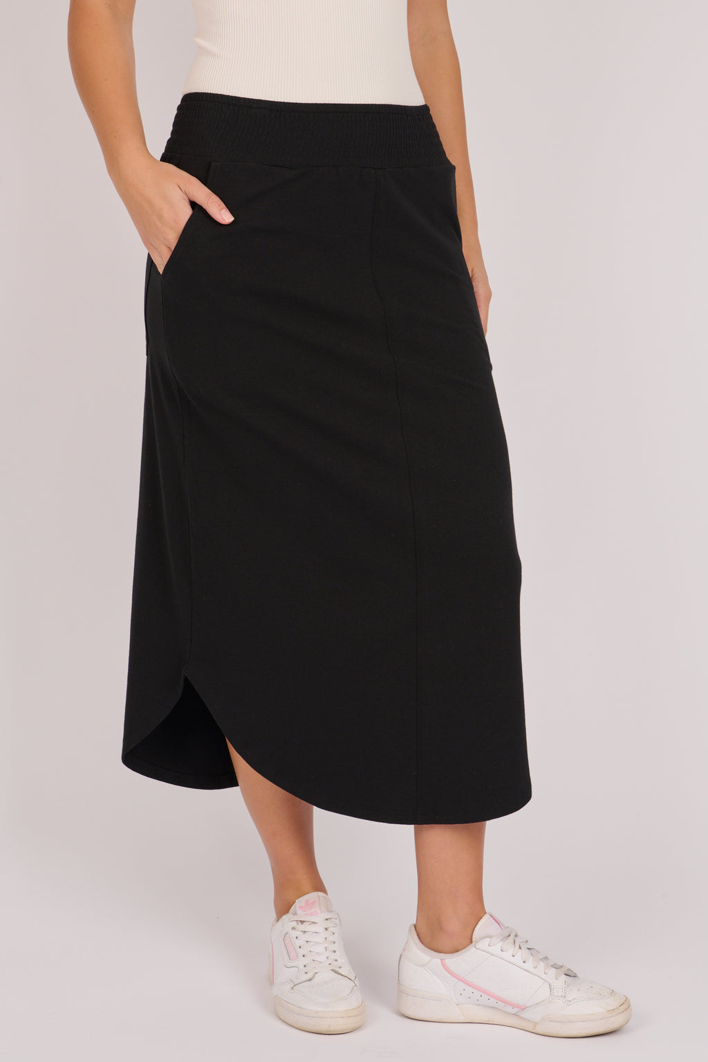Shirred Waist Midi Skirt